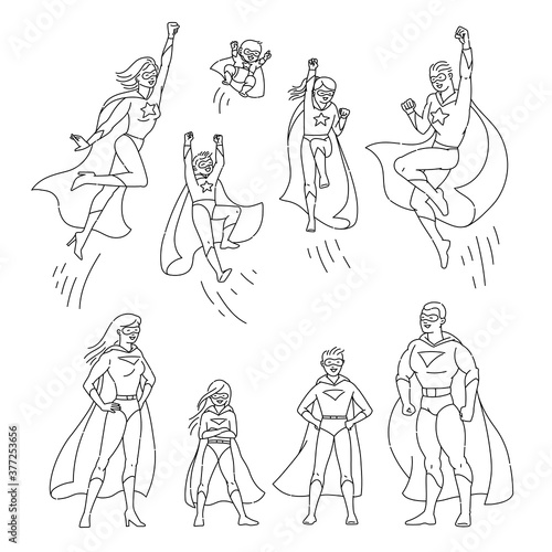 Superhero family characters in outline style set vector illustration isolated.