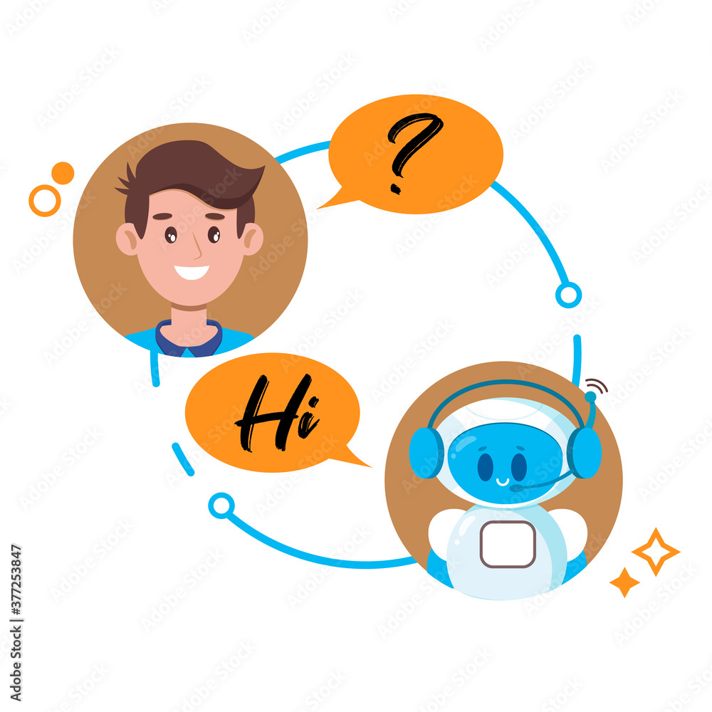 Chatbot concept. Man chatting with cute robot chat bot. Vector flat cartoon character illustration for site, banners, web, mobile application isolated on white background. Chatbot concept. Man chatting with cute robot chat bot. Vector flat cartoon character illustration for site, banners, web, mobile application isolated on white background.