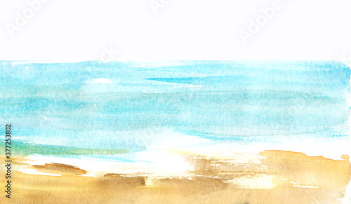 Abstract watercolor background. Hand drawn landscape of sandy empty beach, azure pure water and daylight white sky. Brush stroke illustration of summer vacation