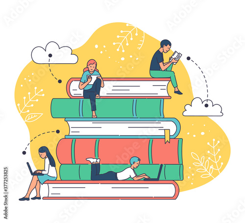 Online education poster concept with cartoon people on giant book stack