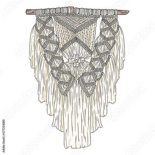 Macrame bohemian style wall hanger doodle. Textile knotting design element. Simple mono linear modern indigenous knotwork image