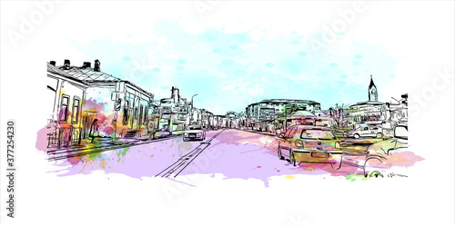 Building view with Landmark of Bacau is the main city in Bacau County, Romania. Watercolor splash with hand drawn sketch illustration in vector.