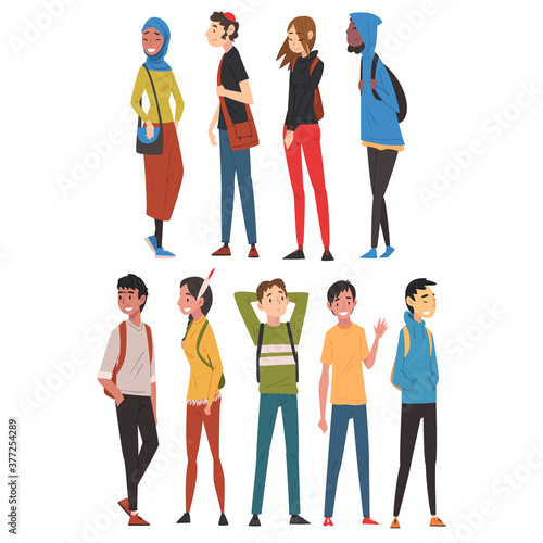 Cheerful Guys and Girls in Casual Clothes Collection, International College or University Students Characters Vector Illustration