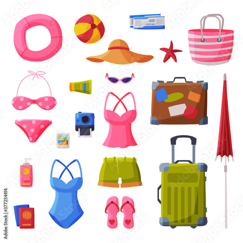 Summer Vacation Objects Collection, Swimsuit, Suitcase, Shorts, Flip Flops, Beach Bag, Straw Hat, Beach Umbrella, Traveling and Tourism Vector Illustration on White Background