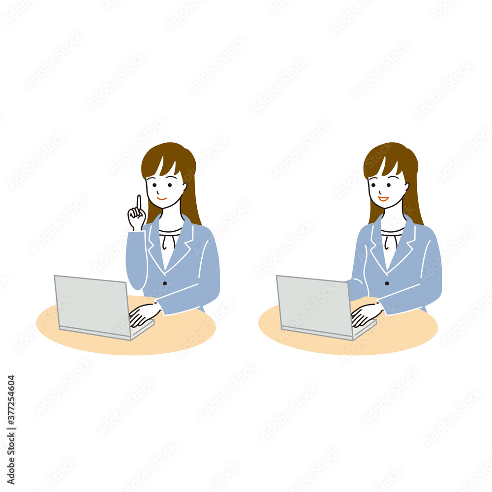 デスクでパソコンを使う女性会社員のベクターイラスト デスクでパソコンを使う女性会社員のベクターイラスト