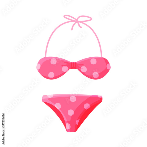Pink Dotted Bikini Female Swimwear, Summer Vacation Object, Traveling and Tourism Vector Illustration Isolated on White Background