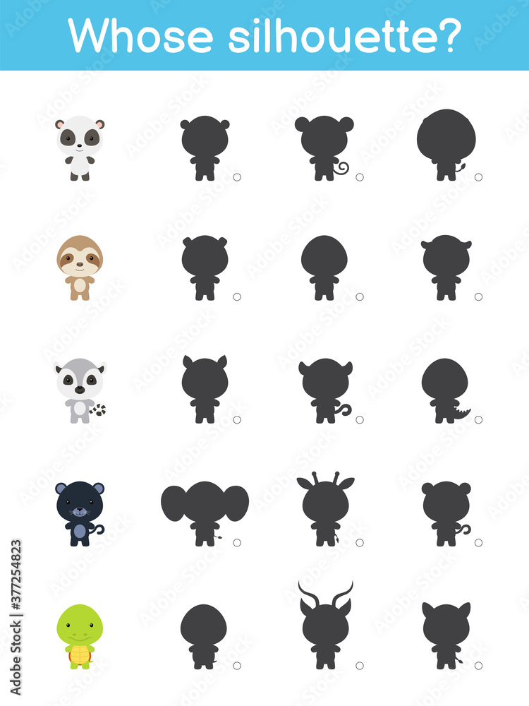 Whose silhouette game template. Matching game for children with cute cartoon animals. Kids activity page. Education developing worksheet. Logical thinking training. Vector stock illustration.