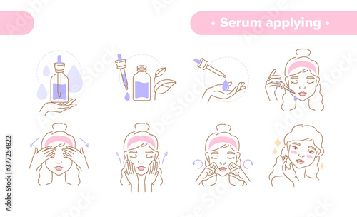 Beauty concept with a set of line drawings of a woman applying hydrating serum to her skin to prevent ageing, colored vector illustration