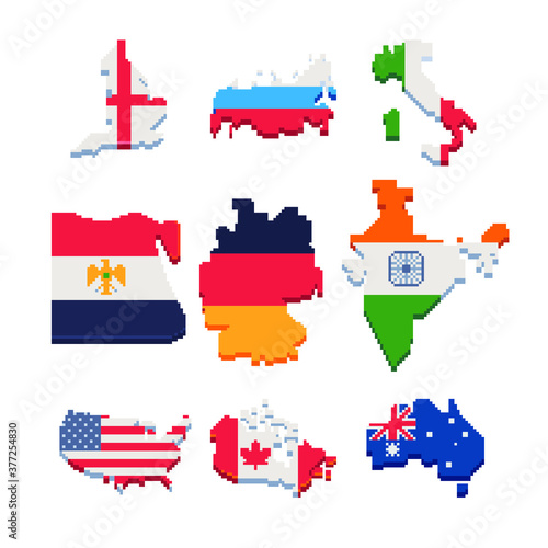 Set of map of different countries with flags, Russia, India, Germany, Egypt, USA, Italy, Canada, Australia, pixel art icon, isolated vector illustration. 8-bit. Design for stickers, app, magnet.