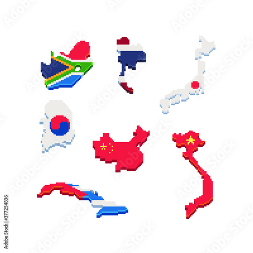 Set of map of different countries with flags, South Africa, China, Vietnam, Korea, Japan,Thailand, Cuba, pixel art icon, isolated vector illustration. 8-bit. Design for stickers, app, magnet.