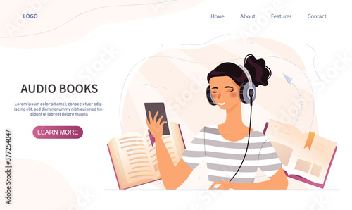 Audio books concept with woman listening on a headset connected to her mobile phone against a backdrop of hardcover books, colored vector illustration web page template