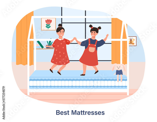 Best Mattresses marketing concept with kids bouncing on a bed with happy smiles, colored vector illustration