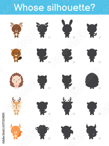 Whose silhouette game template. Matching game for children with woodland cartoon animals. Kids activity page. Education developing worksheet. Logical thinking training. Vector stock illustration.