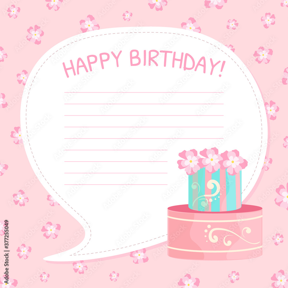 Happy Birthday Card Template, Greeting Celebration Pink Card with Sweet Cake Dessert Vector Illustration