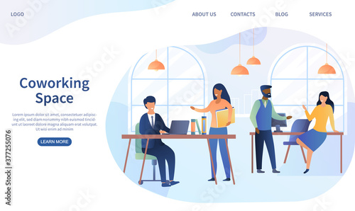 Co-working space in an open plan office with business colleagues in meetings and discussions, colored vector illustration. Web page template