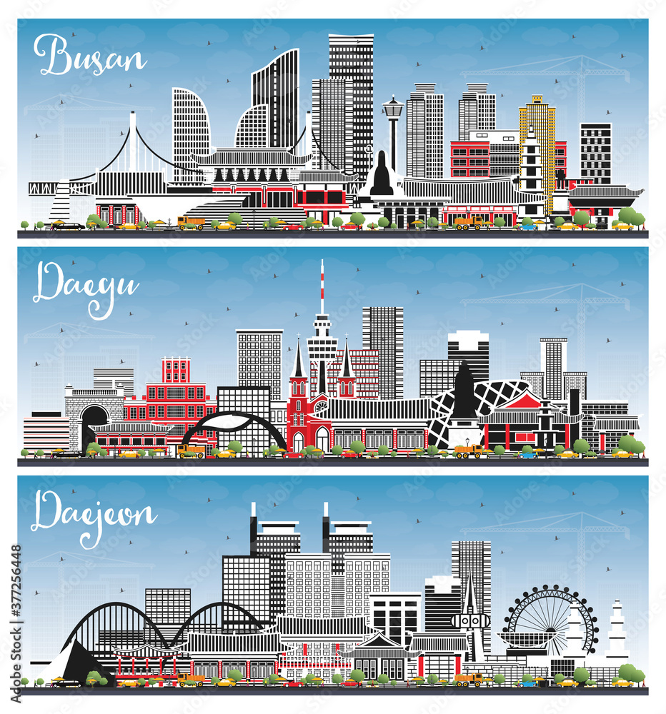 Daejeon, Daegu and Busan South Korea City Skylines Set with Color Buildings and Blue Sky.