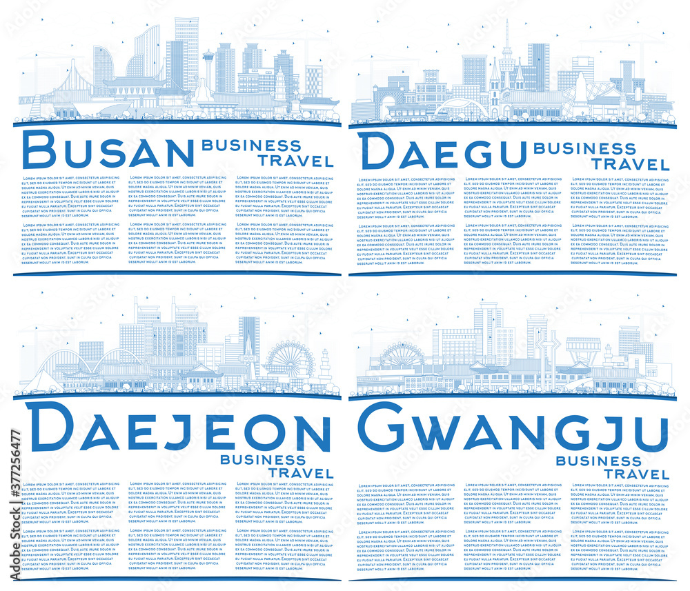 Outline Daejeon, Gwangju, Daegu and Busan South Korea City Skylines Set with Copy Space. Outline Daejeon, Gwangju, Daegu and Busan South Korea City Skylines Set with Copy Space.