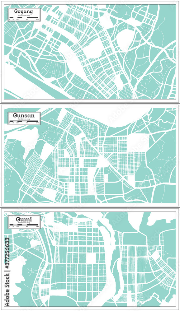 Gunsan, Gumi and Goyang South Korea City Maps Set in Retro Style.