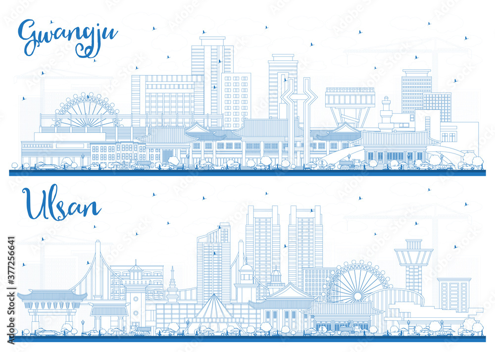 Outline Ulsan and Gwangju South Korea City Skylines Set with Blue Buildings.