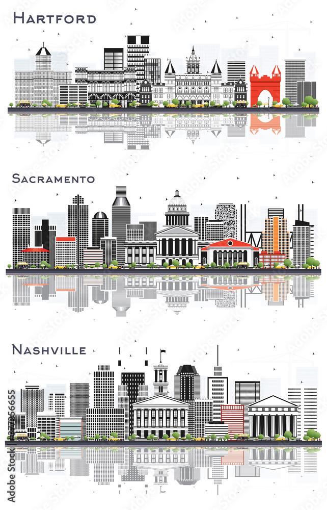 Sacramento California, Nashville Tennessee and Hartford Connecticut City Skylines Set with Gray Buildings.