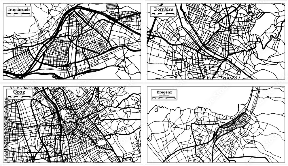 Dornbirn, Graz, Bregenz and Innsbruck Austria City Maps Set in Black and White Color in Retro Style.