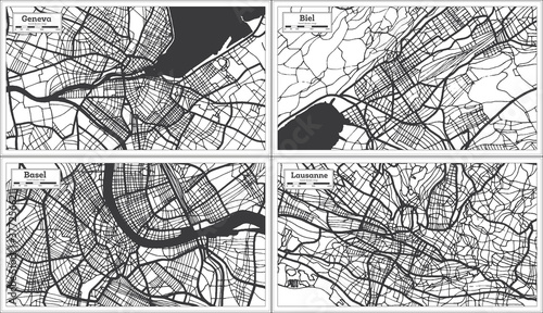 Basel, Biel, Lausanne and Geneva Switzerland City Maps Set in Black and White Color.