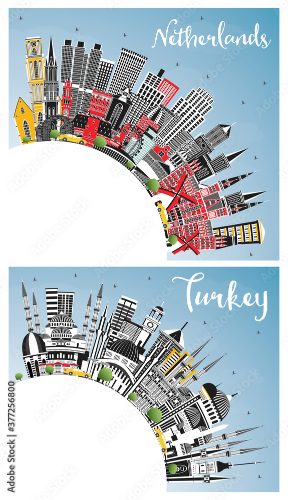 Turkey and Netherlands City Skylines Set with Gray Buildings.