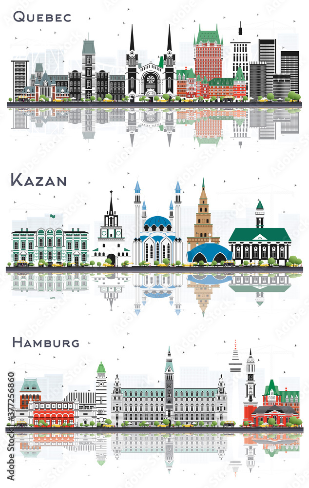 Kazan Russia, Hamburg Germany and Quebec Canada City Skylines Set.