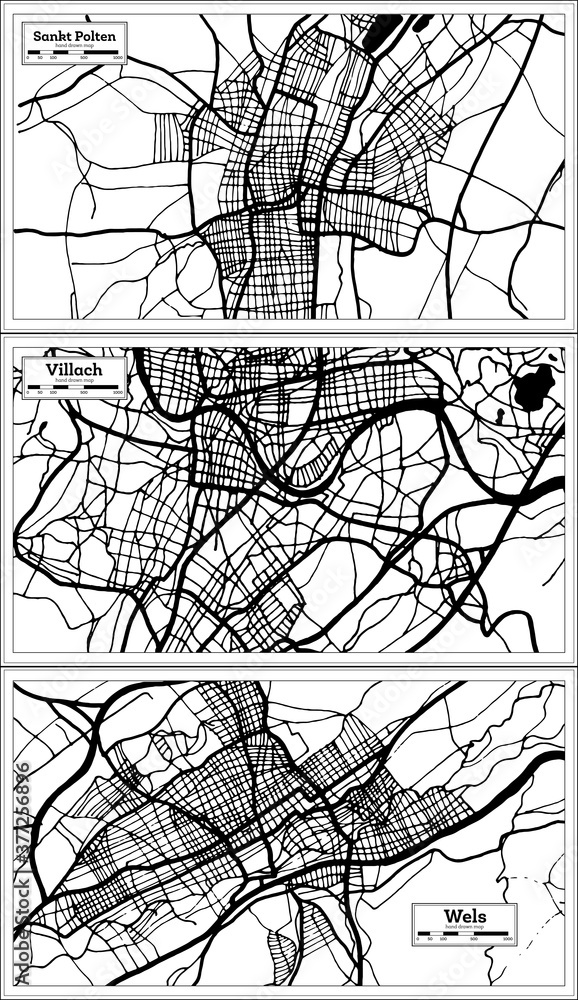 Villach, Wels and Sankt Polten Austria City Maps Set in Black and White Color in Retro Style.