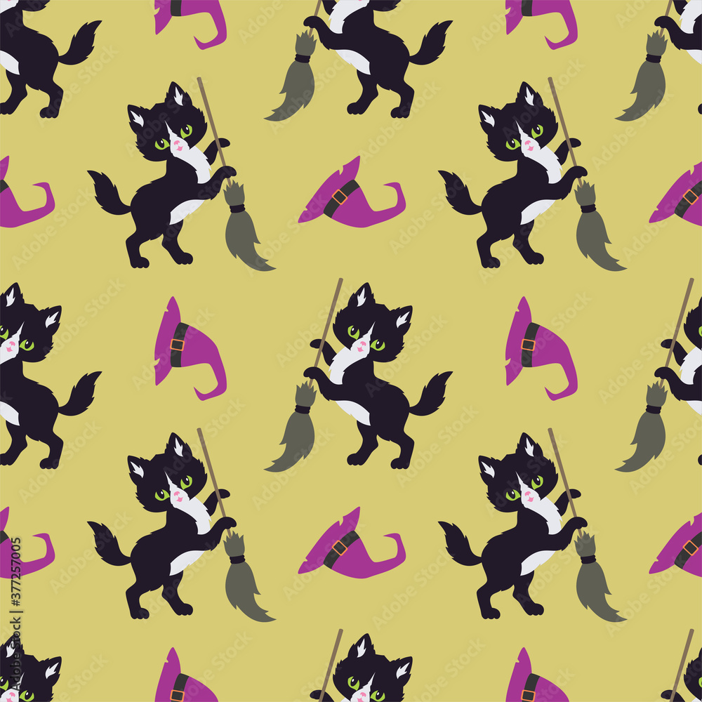 Halloween seamless patterns with black cats. Colorful vector background