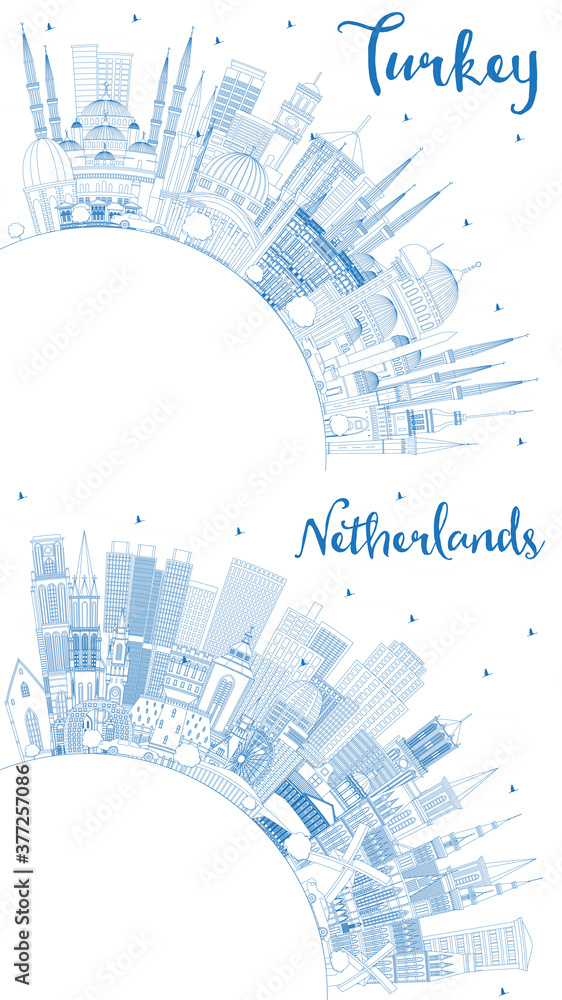 Outline Netherlands and Turkey City Skylines Set.