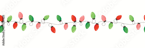 Vector Colorful Retro Holiday Christmas and New Year Intertwined String Lights Isolated Round Frame on White Background. Winter Holiday Circular Decorative Element Perfect for Invitations, Postcards
