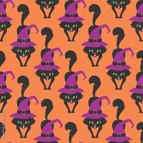 Halloween seamless patterns with black cats. Colorful vector background