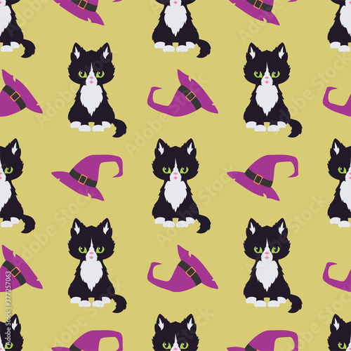 Fototapeta Naklejka Na Ścianę i Meble -  Halloween seamless patterns with black cats. Colorful vector background