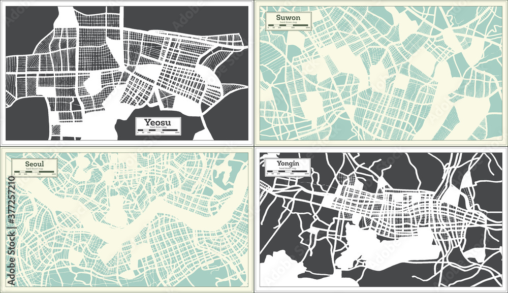 Seoul, Suwon, Yongin and Yeosu South Korea City Maps Set in Retro Style.