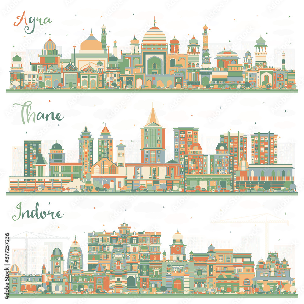 Indore, Thane and Agra India City Skylines Set with Color Buildings.