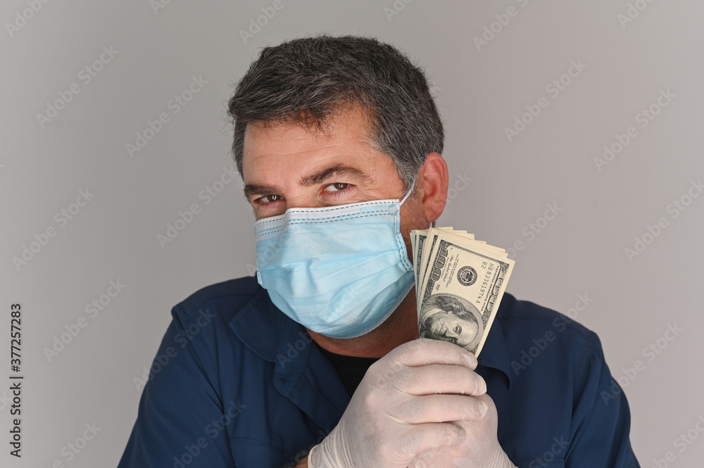 Greedy man holding Federal Reserve Bank Notes payments Greedy man holding Federal Reserve Bank Notes payments