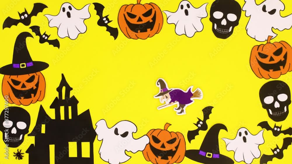 Witch on broom flying under Halloween frame on yellow theme. Stop motion Witch on broom flying under Halloween frame on yellow theme. Stop motion