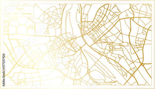 Riga Latvia City Map in Retro Style in Golden Color. Outline Map.