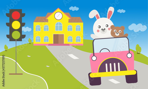 Cartoon white rabbit driving on the road from school through traffic lights With a brown bear sitting beside. on school background.vector cute cartoon illustration. 