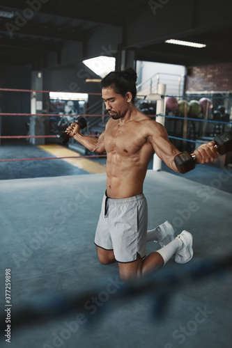 Gym. Man Workout With Dumbbells On Boxing Ring. Topless Asian Sportsman Exercising On Floor At Fitness Center. Portrait Of Shirtless Sexy Handsome Guy With Muscular Body Training Indoor.