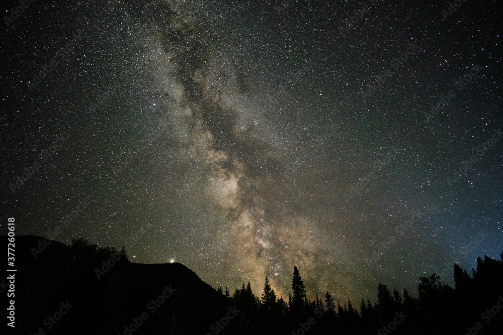 Starry sky and dark silhouettes of trees and mountains. Milky Way in the night sky. Astrophotography.