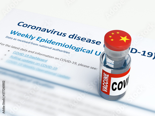coronavirus vaccine made in china in vaccine bottle with chinese flag on cap against COVID-19 report paper background. Top view of symbol of worldwide vaccine race competition