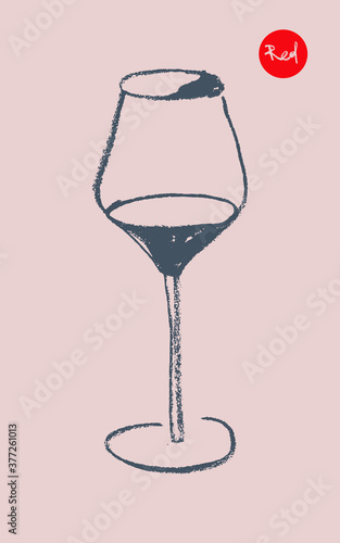 Drawing of wine glass for emblem vineyard, organic wines banner, autumn wine festival, bar sign template. Wineglass illustration for logo design. Hand-drawn line art with artistic pencil texture.