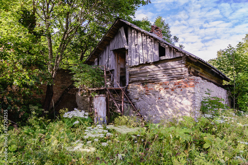 An abandoned dilapidated old house with a wooden attic and brick walls among thickets of wild grass and trees © Algus