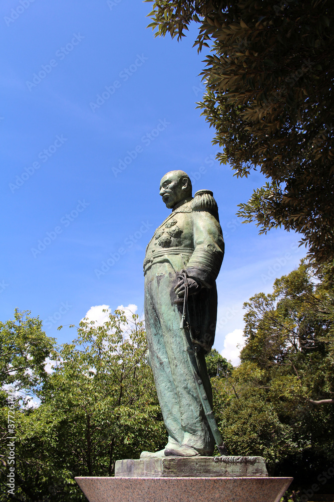 Statue of Admiral Togo Heihachiro overlooking sea in Tagayama Park in Kagoshima
