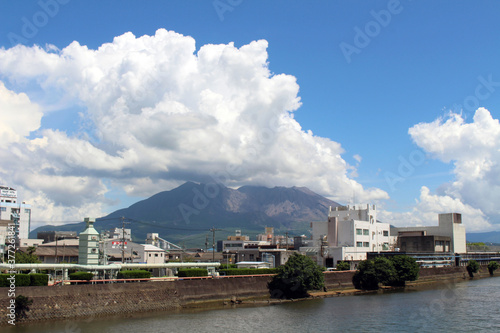 Cloudy Sakurajima of Kagoshima, view from the street