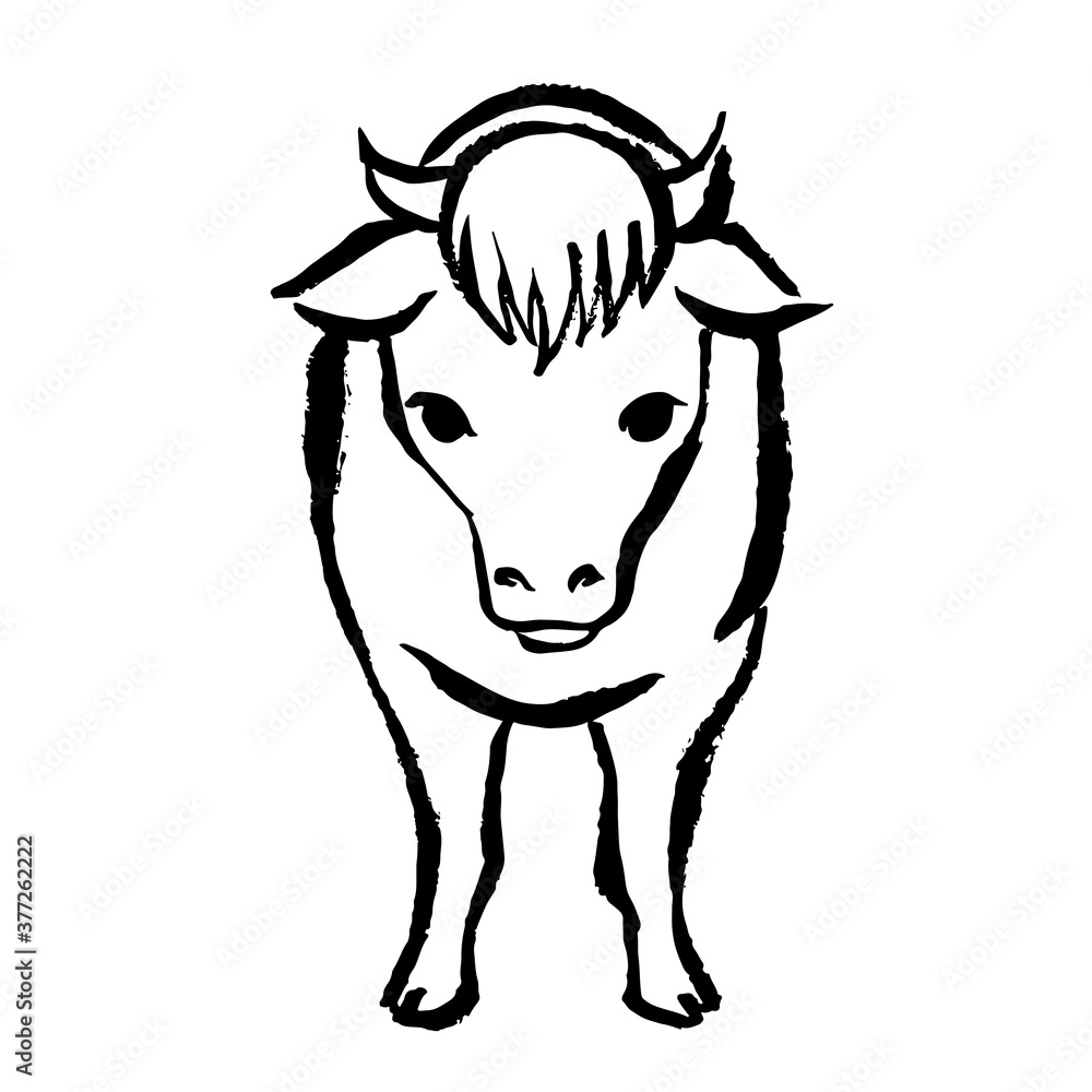正面を向いて立つ穏やかな牛のイラスト 筆 手書き風 和風 Stock Vector Adobe Stock