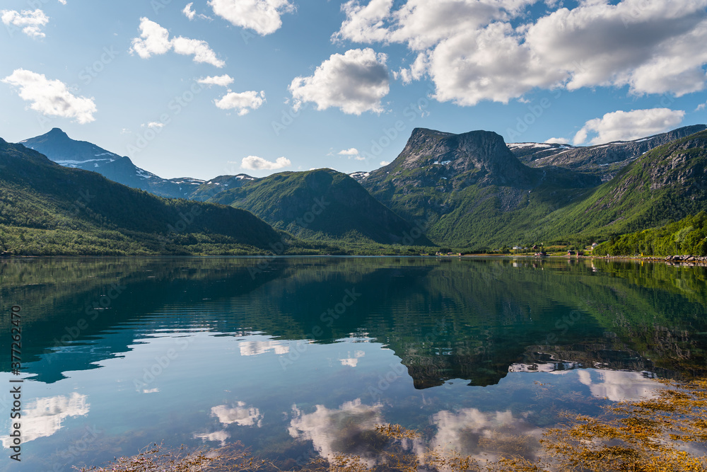 Beautiful reflection of mountains and fjord in Lofoten island in summer season, Northern Norway, Scandinavia