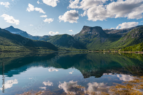 Beautiful reflection of mountains and fjord in Lofoten island in summer season  Northern Norway  Scandinavia